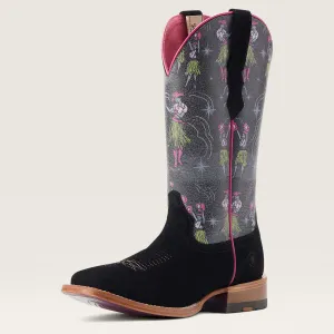 Ariat Ladies Black Roughout Frontier Western Broad Square Toe Boots with Fun Aloha Print Tops