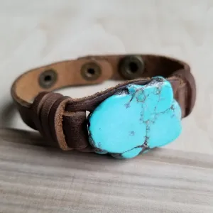 Blue Turquoise Slab on Narrow Leather Cuff 005W