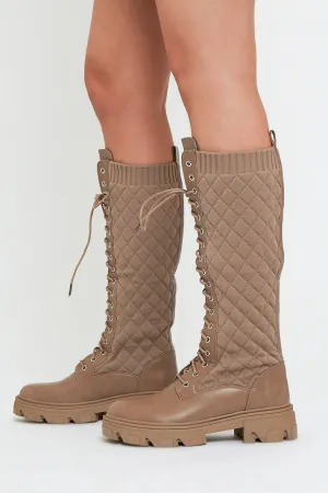 Brown Lace Up PU Leather and Quilted High Boots - Salva