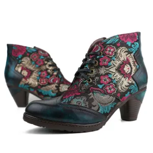 CrazycatZ Womens Leather Ankle Boots Bohemian Block Heel Colorful Floral Leather Boots Dark Green