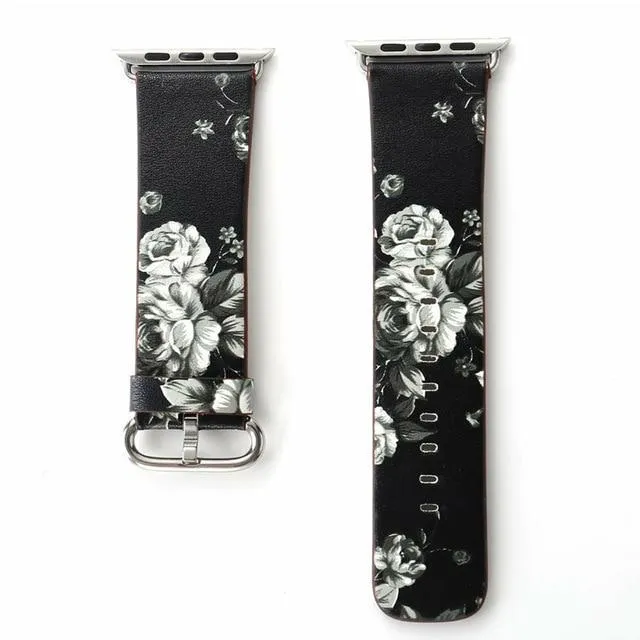 Floral Printed Leather Strap iWatch Bracelet Leather Watchband