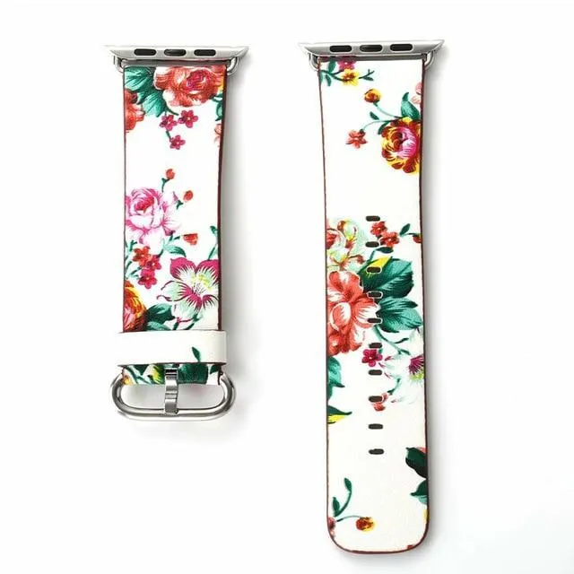 Floral Printed Leather Strap iWatch Bracelet Leather Watchband