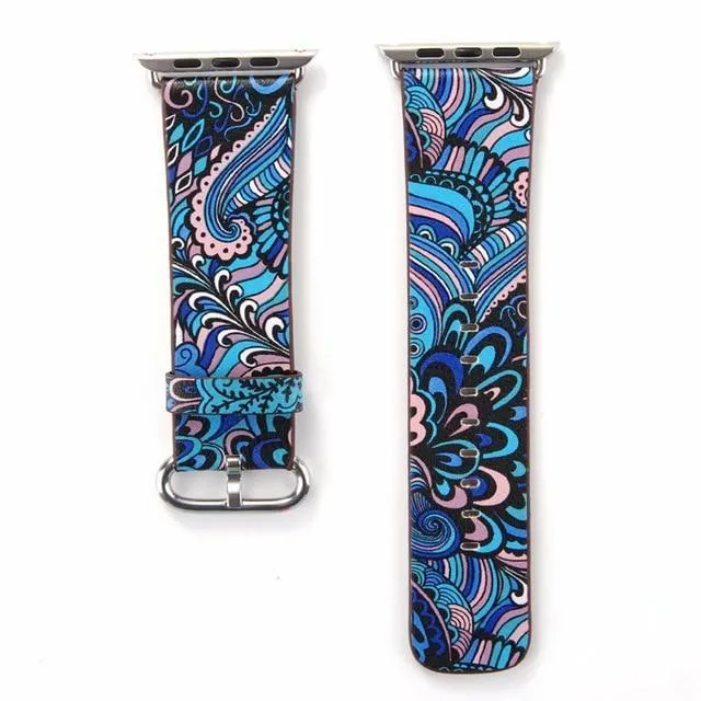 Floral Printed Leather Strap iWatch Bracelet Leather Watchband