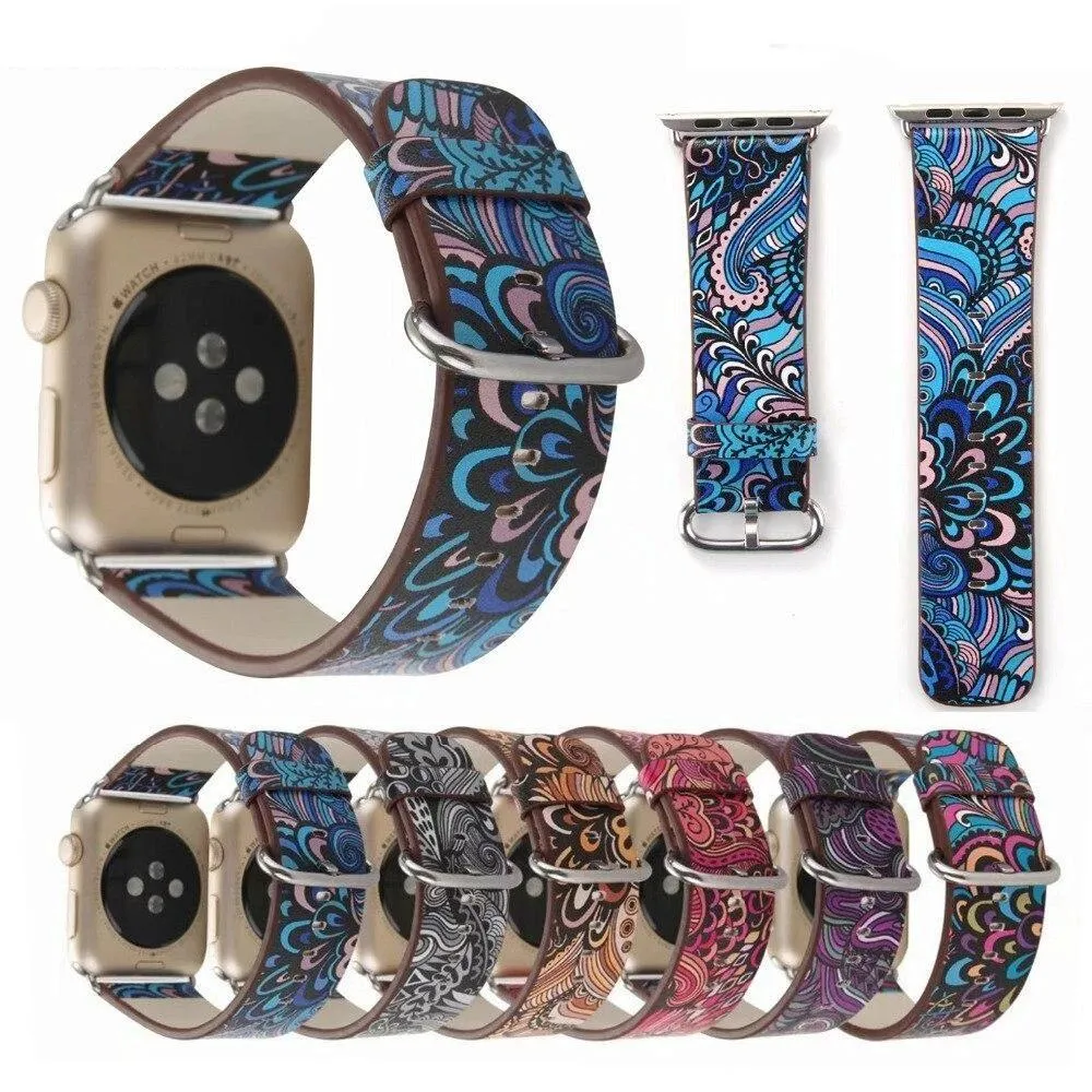 Floral Printed Leather Strap iWatch Bracelet Leather Watchband