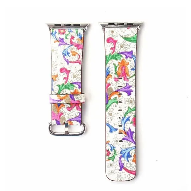 Floral Printed Leather Strap iWatch Bracelet Leather Watchband