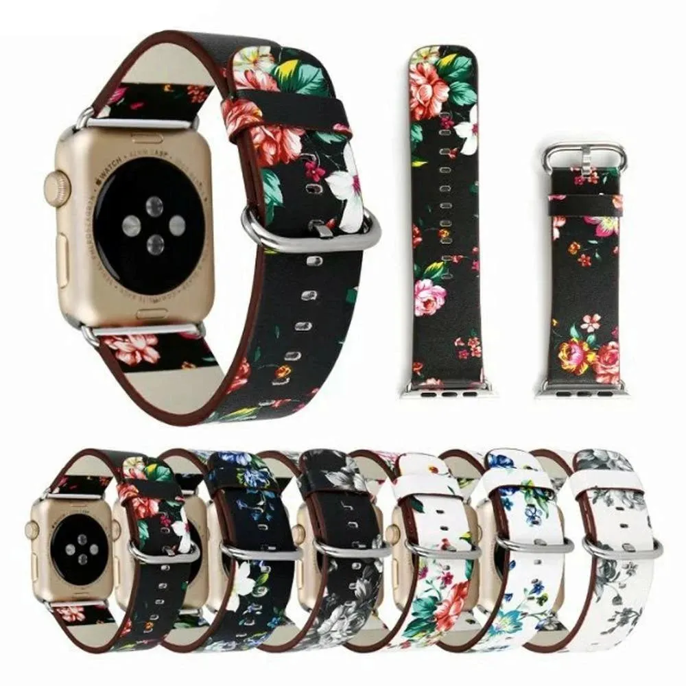 Floral Printed Leather Strap iWatch Bracelet Leather Watchband