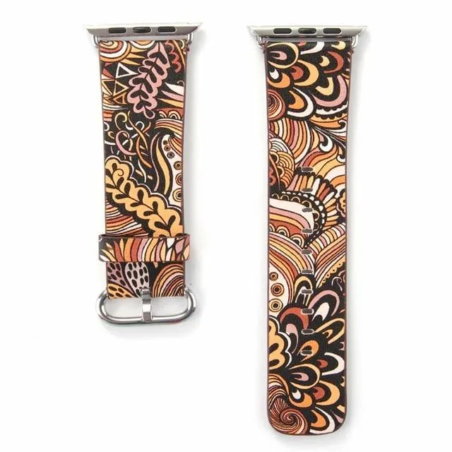 Floral Printed Leather Strap iWatch Bracelet Leather Watchband