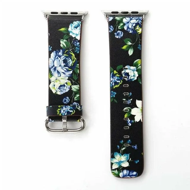 Floral Printed Leather Strap iWatch Bracelet Leather Watchband