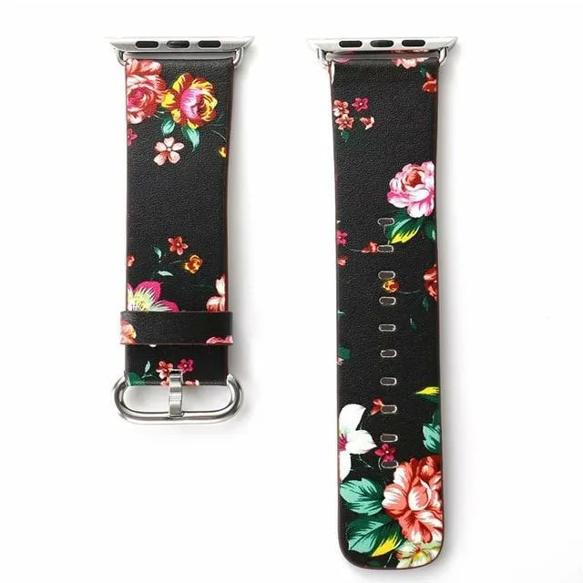 Floral Printed Leather Strap iWatch Bracelet Leather Watchband