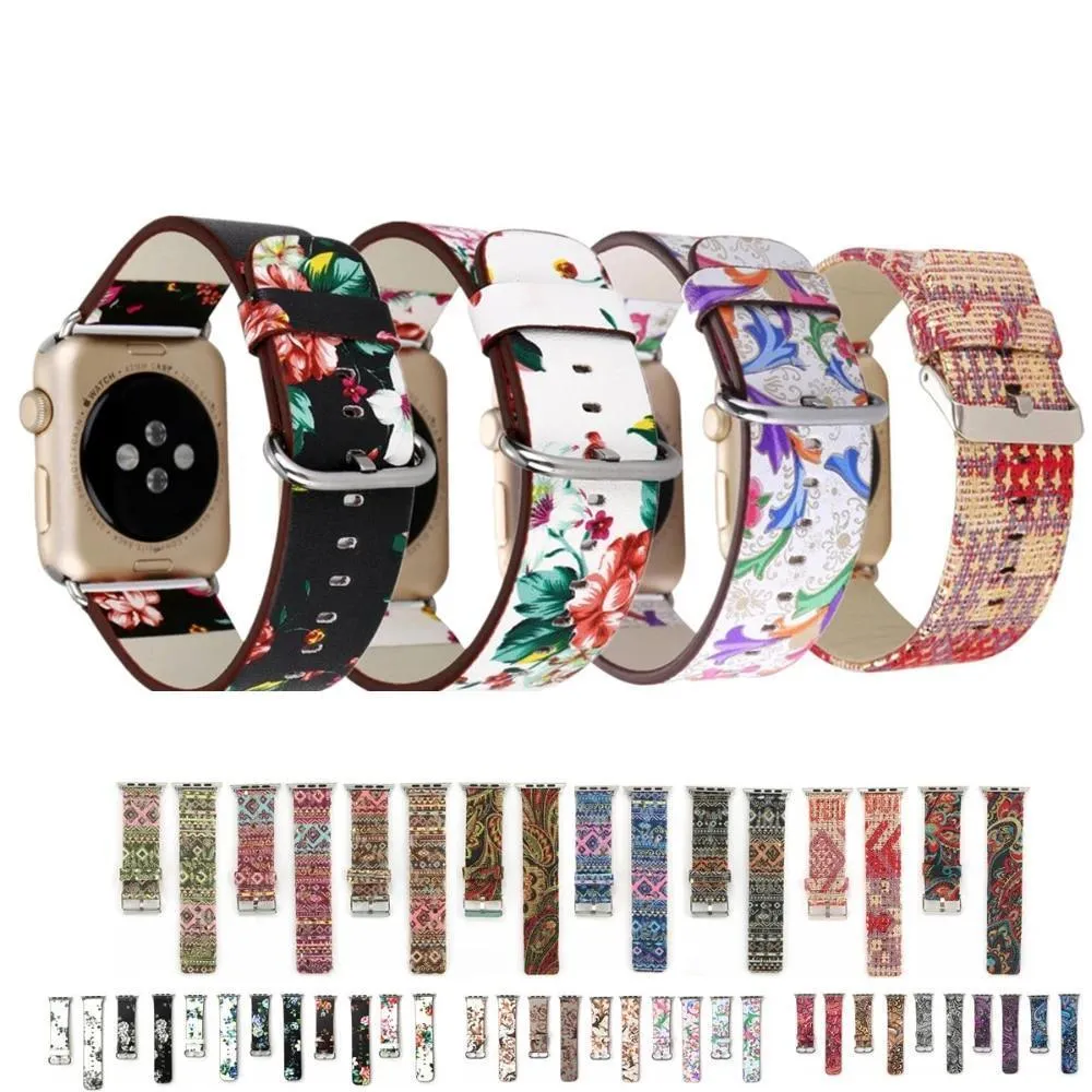 Floral Printed Leather Strap iWatch Bracelet Leather Watchband