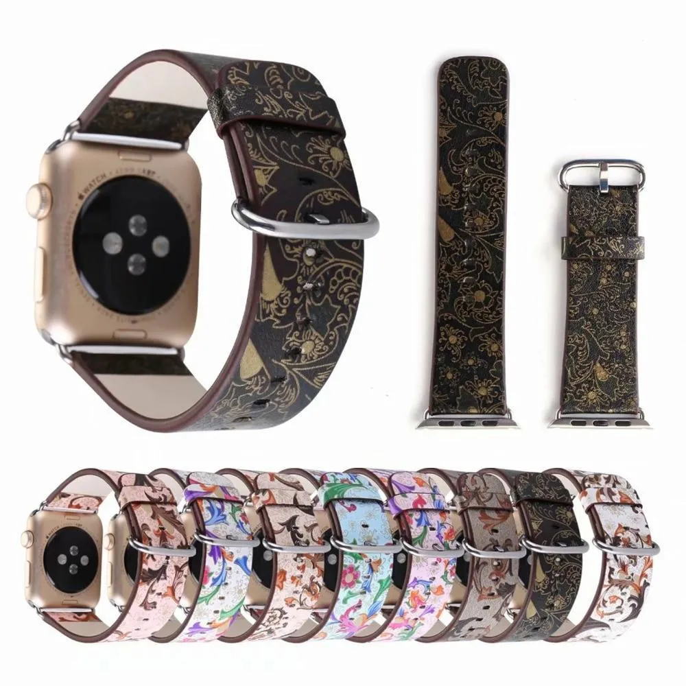 Floral Printed Leather Strap iWatch Bracelet Leather Watchband