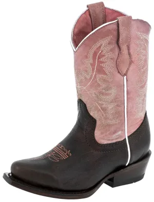 Girls Pink & Dark Brown Stitched Leather Cowgirl Boots - Snip Toe