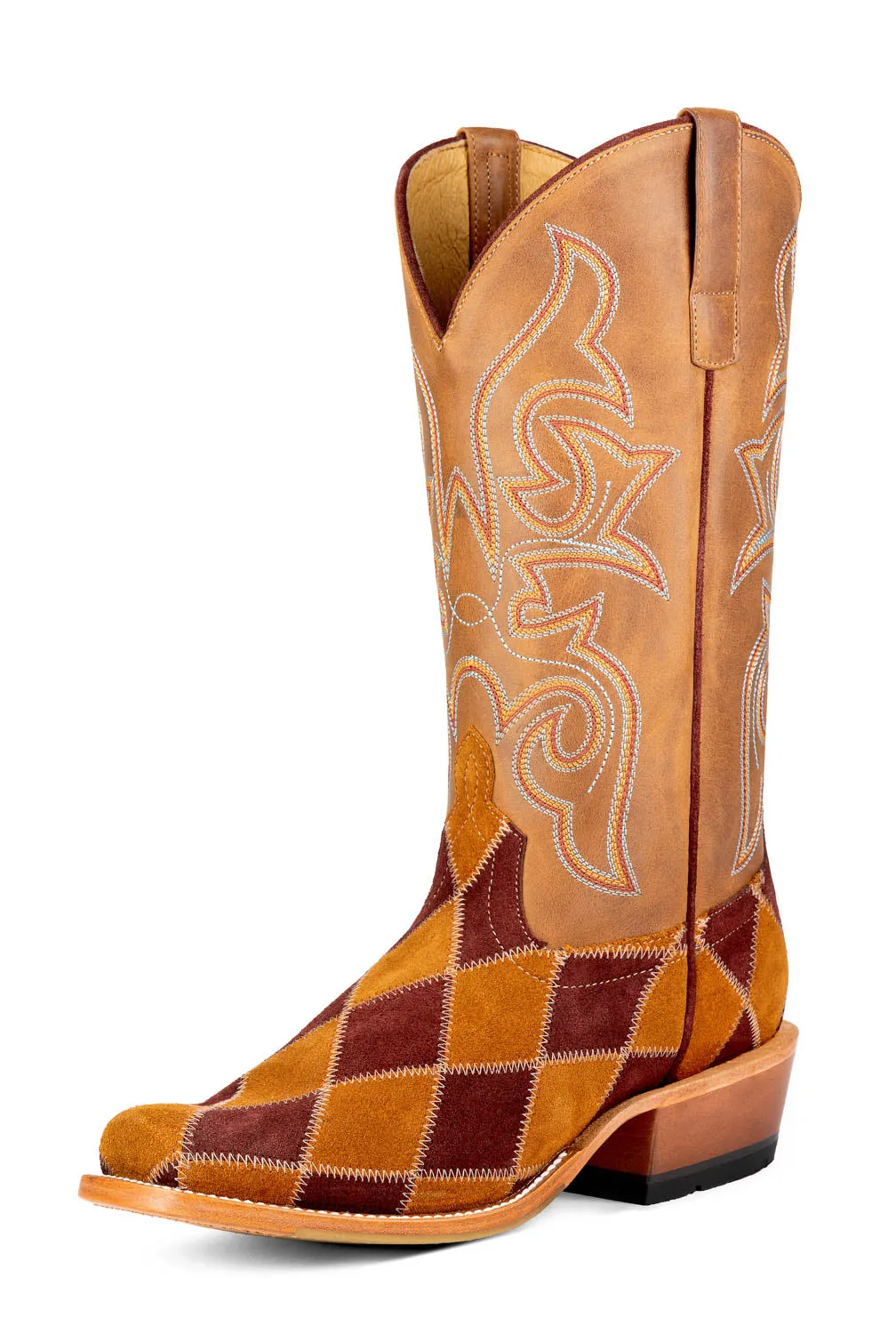 Horse Power Mens 13in Patchwork Ginger/Burgundy Leather Cowboy Boots