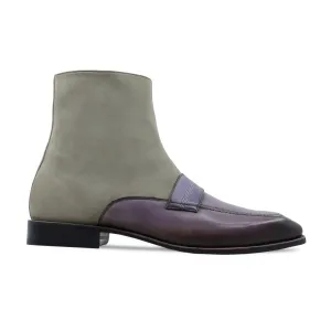 Kansas - Men's Burnished Purple Grey Calf Leather and Steel Grey Kid Suede Chelsea Boot