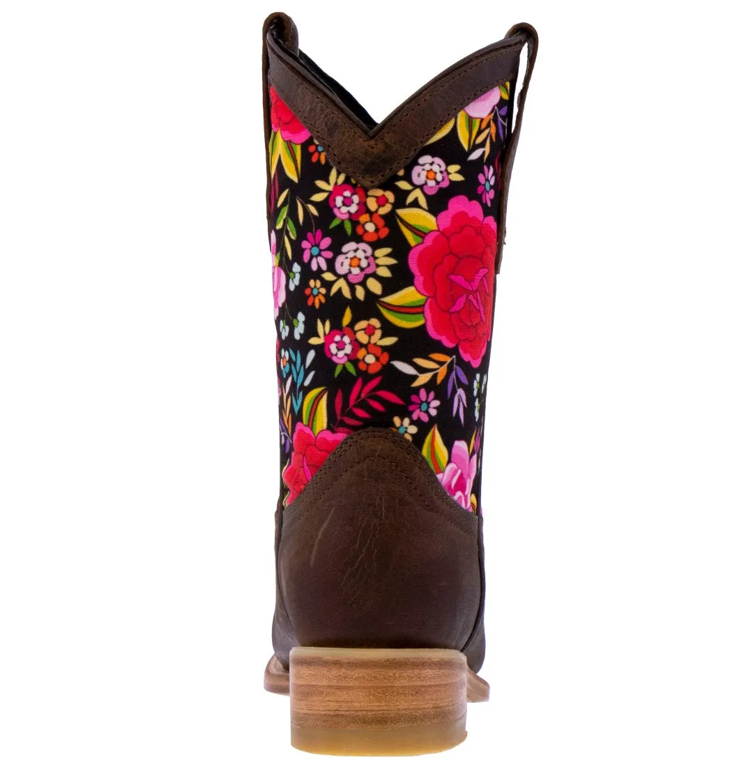 Kids Brown Western Cowboy Boots Flower Design Leather Square Toe