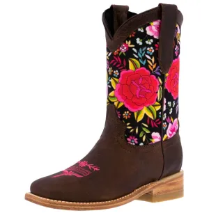 Kids Brown Western Cowboy Boots Flower Design Leather Square Toe