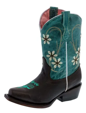 Kids Teal & Dark Brown Western Cowboy Boots Floral Leather - Snip Toe