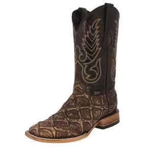 Mens Brown Cowboy Boots Pirarucu Fish Print Leather - Square Toe