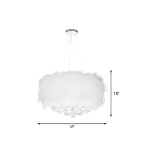 Minimalist Feather Pendant Chandelier Light in White with Crystal Orb, 16"/18"/23.5" W