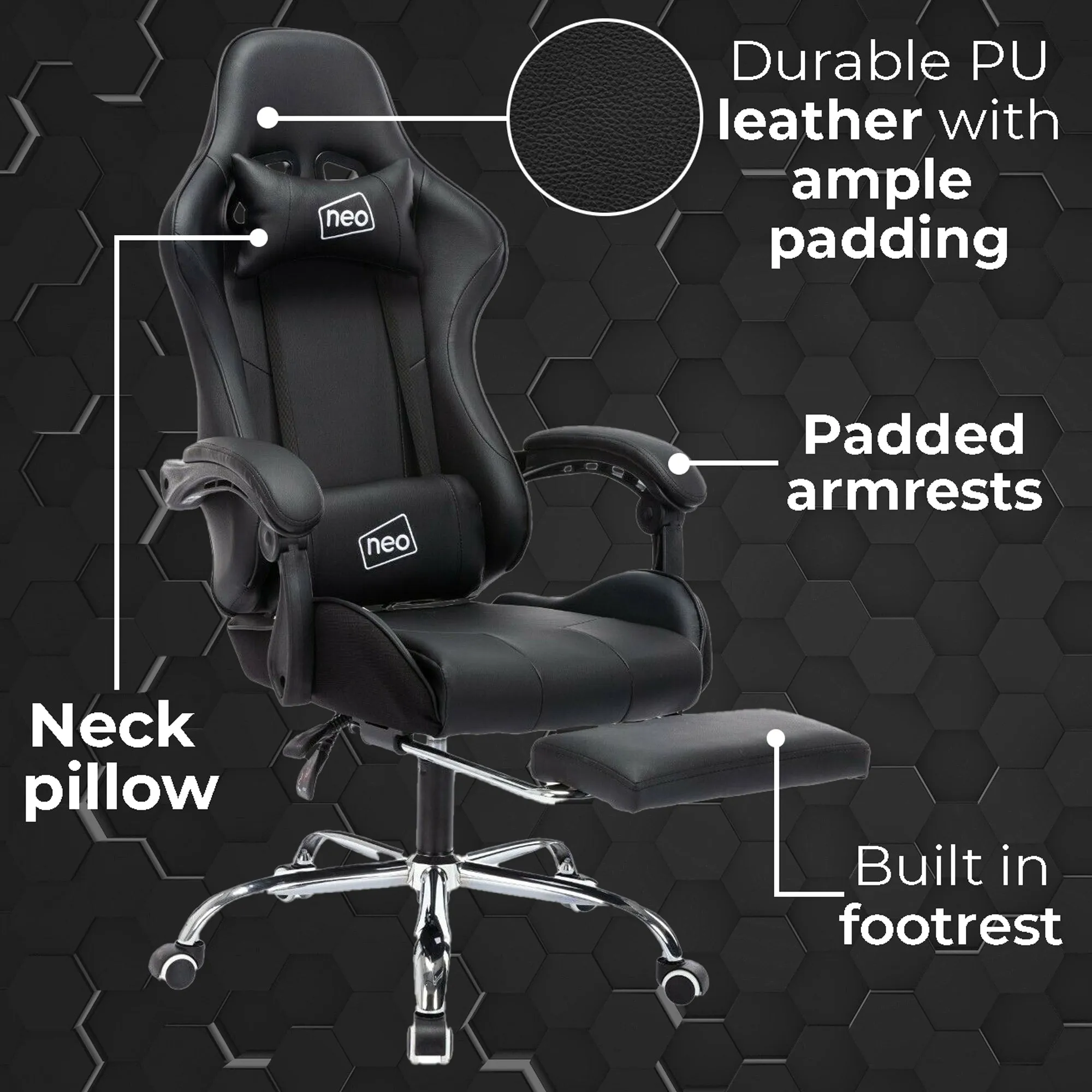 Neo Black Leather Gaming Chair with Massage Function and Footrest