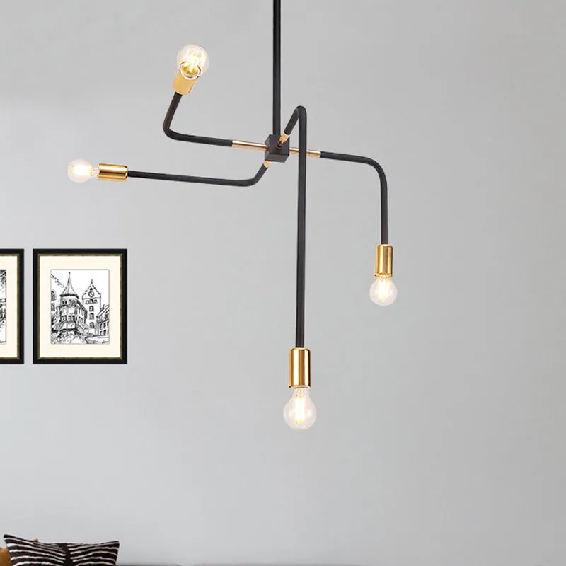 Postmodern Black Hanging Chandelier Light with 4 Curved Arms, Metal Bare Bulbs - Ideal for Living Room