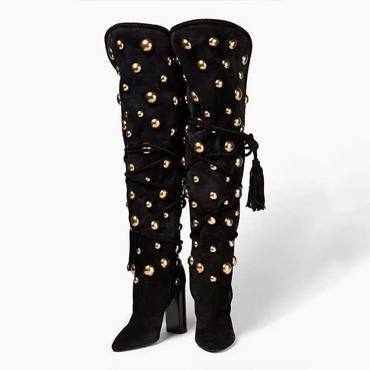 Pre Order:  Gold Studded Tasseled Knee Boots