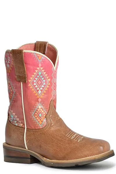 Roper Footwear Waxy Tan Square Toe Boots with Pink Aztec Tops for Big Kids