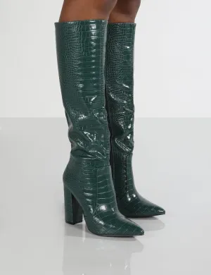 Scarlet Green Croc Knee High Boots