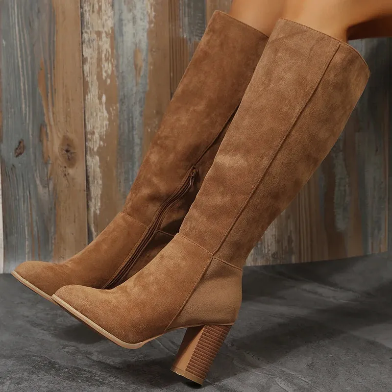 Trendy Western Leather Knee High Heel Boots