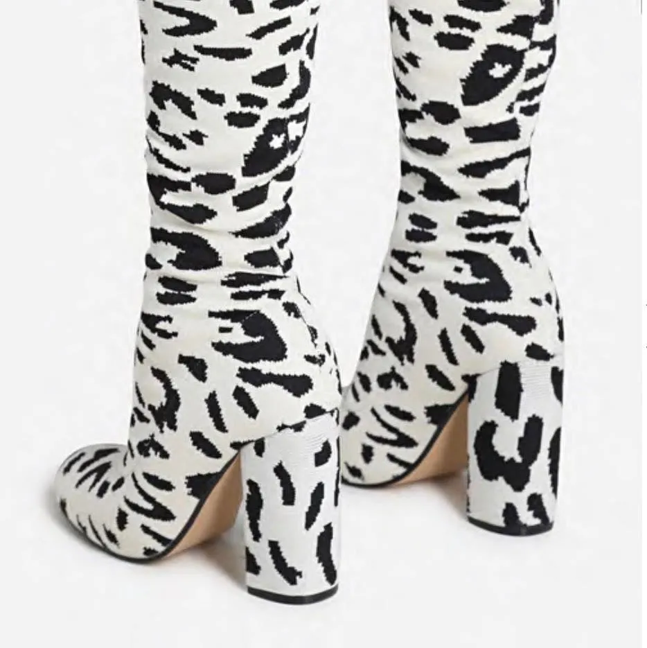 White Leopard Print Over The Knee Chunky Heel Boot