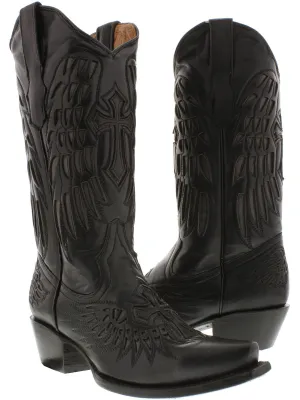 Women's 550C Full Black Cross & Wings Leather Cowboy Boots Snip Toe - CP2